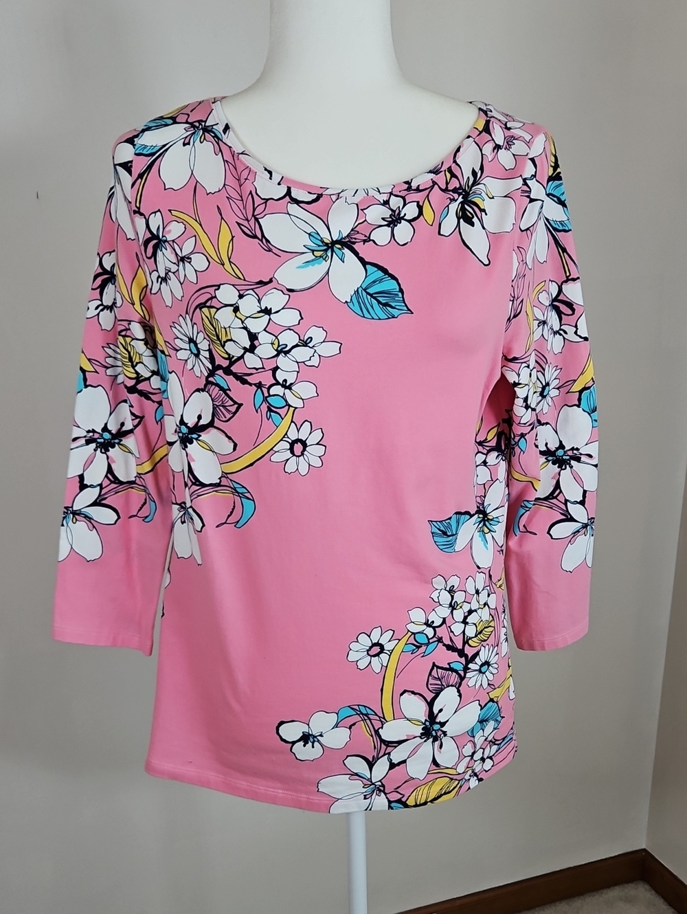 Talbots Tee 3/4 Sleeve Top Pink White Floral Cottage Blooms Feminine M Stretch